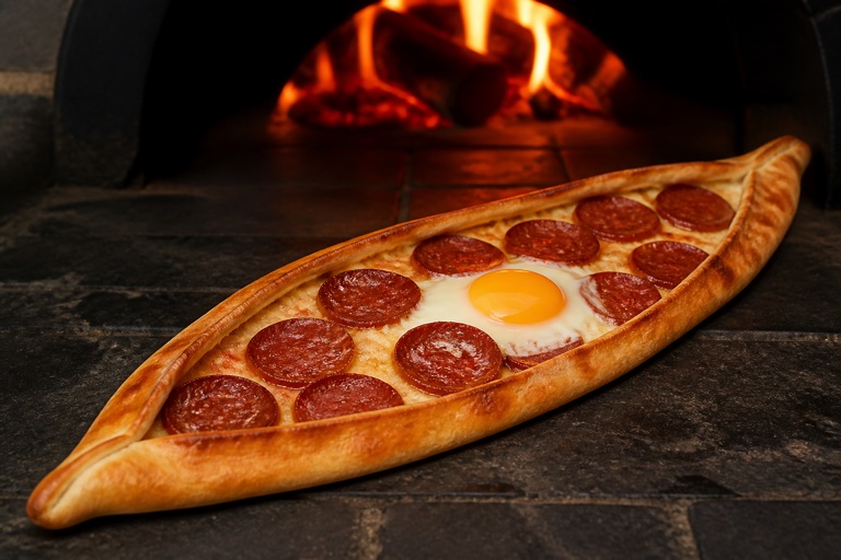 Sucuklu Yumurtalı Pide — Sucuk ve yumurtayla hazırlanan taş fırın pidesi.