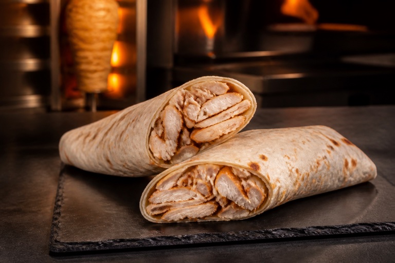 Tavuk Dürüm — Lavaş içinde sarılmış sıcak tavuk döner.